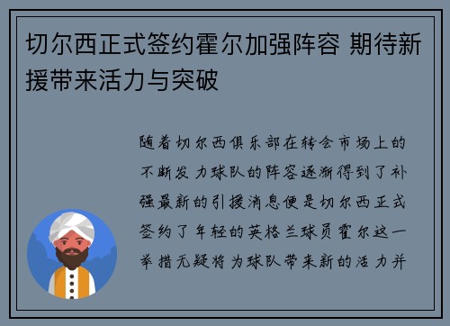 切尔西正式签约霍尔加强阵容 期待新援带来活力与突破 切尔西正式签约霍尔加强阵容 期待新援带来活力与突破